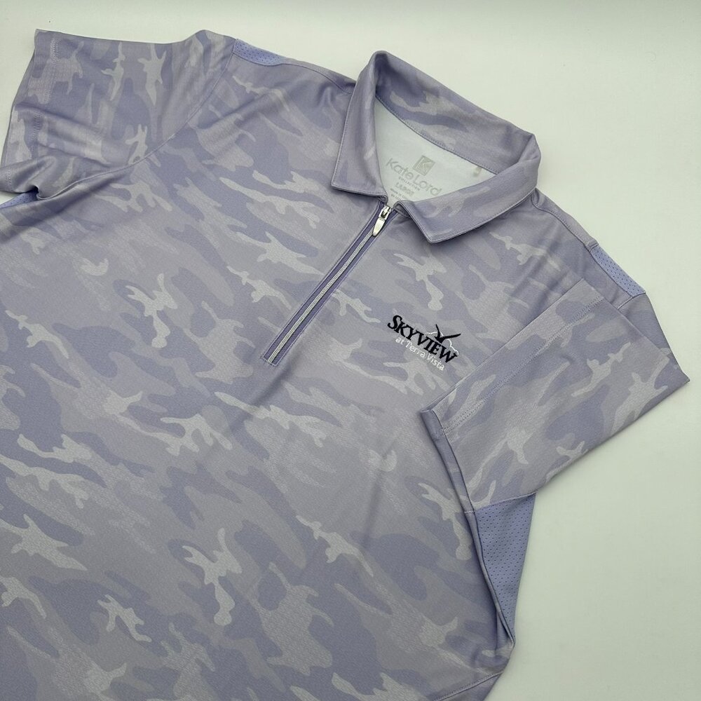 Kate Lord Westcreek 1/4 Zip Camo Print Skyview Logo Golf Polo, Size Large, Lilac